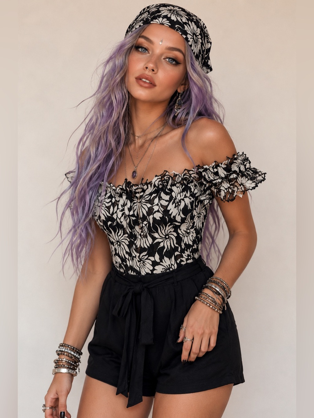 LUXXEL Black White Lace Off Shoulder Romper Coquette Goth Floral Lace Party